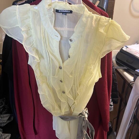Dimri Y2K Yellow Ruffled Button Front Blouse Satin Tie Sash Size Medium Sheer - Picture 11 of 11